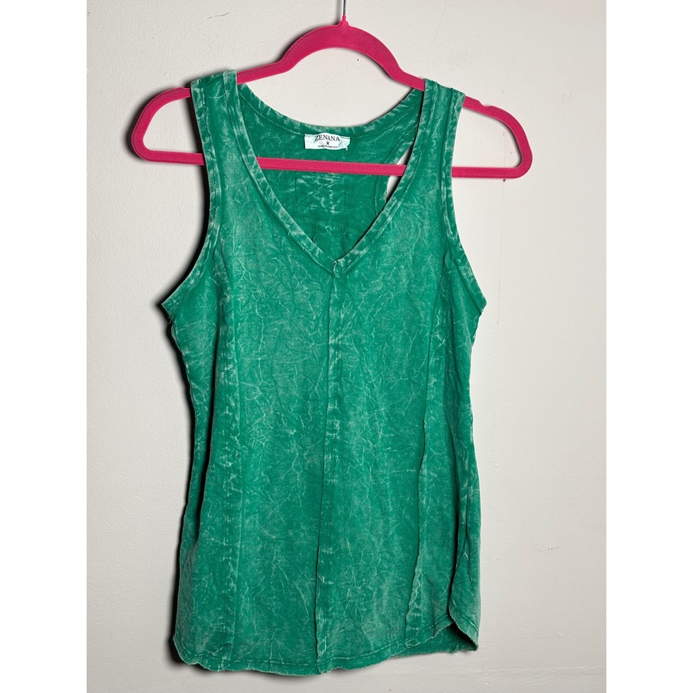 Zenana Acid Wash Tank Cotton Racerback Casual Layering Green Medium